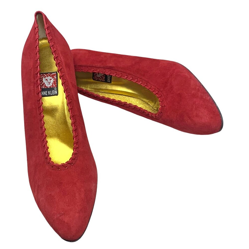 Vintage 80s Anne Klein Dark Red Suede Whipstitch Accent‎ Pumps NOS